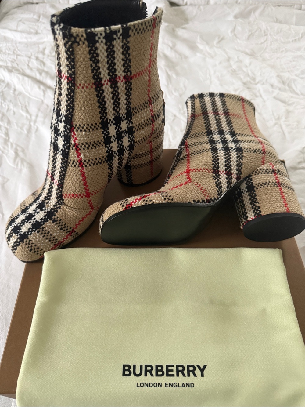 Burberry Beige Black and Red Check Knit Ankle Boots - Picture 6 of 7